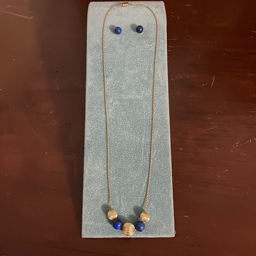 Dainty Vintage Lapis & 14kt Necklace and Earring Set